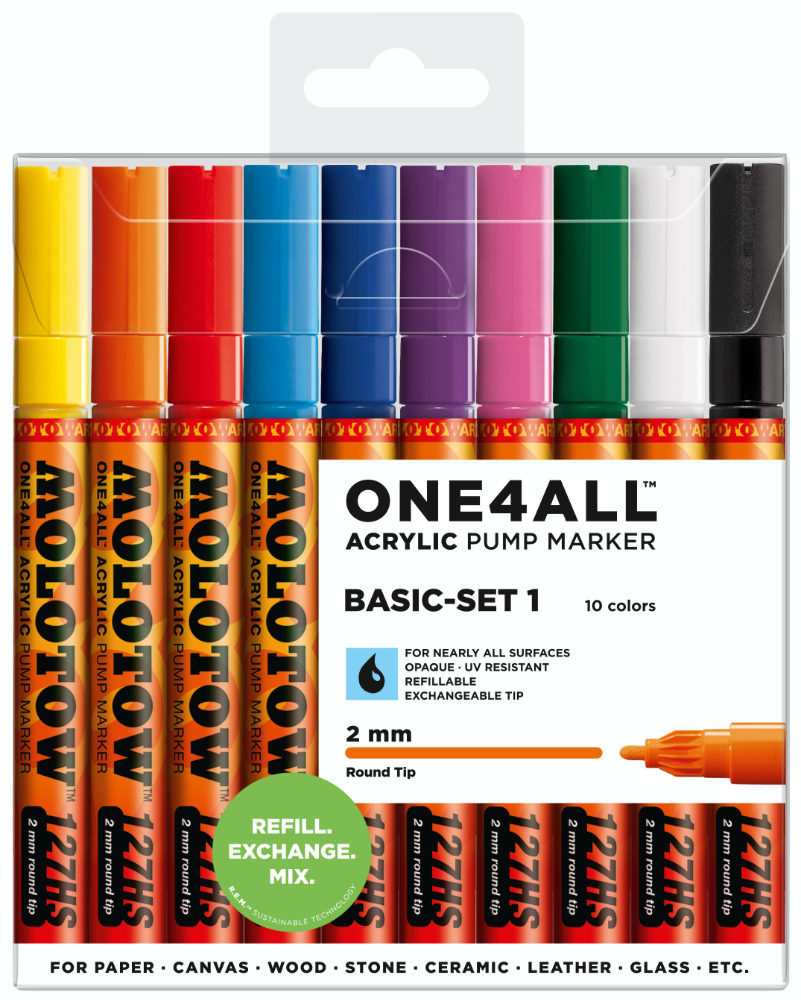 MOLOTOW ONE4ALL Acrylic Pump Marker,127 HS, Basic Set 1, 2 mm